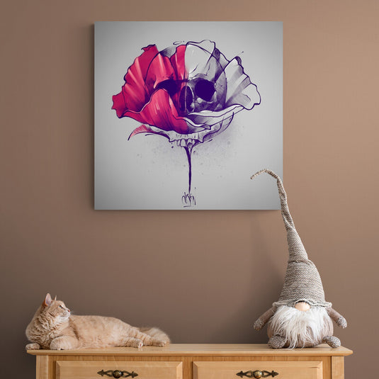 Flor fusionada con calavera en tonos rojos y morados