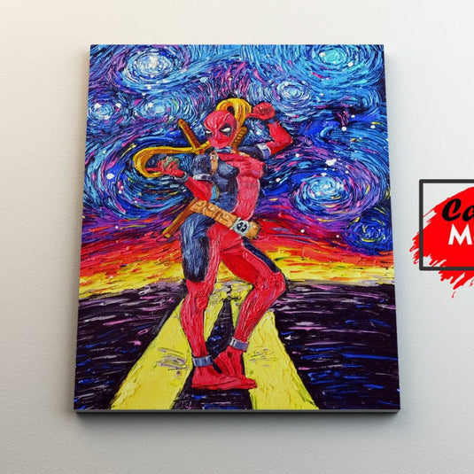 Cuadro decorativo Deadpool femenino estilo pop art – pintura moderna con textura tipo óleo inspirada en Van Gogh, ideal para espacios creativos y divertidos