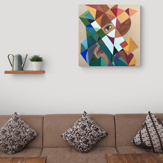 Cuadro decorativo Woman Geometric – arte abstracto moderno con rostro femenino entre figuras geométricas coloridas para sala o estudio artístico