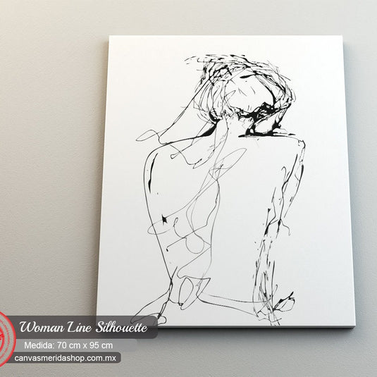Silueta minimalista de mujer en líneas negras sobre fondo blanco
