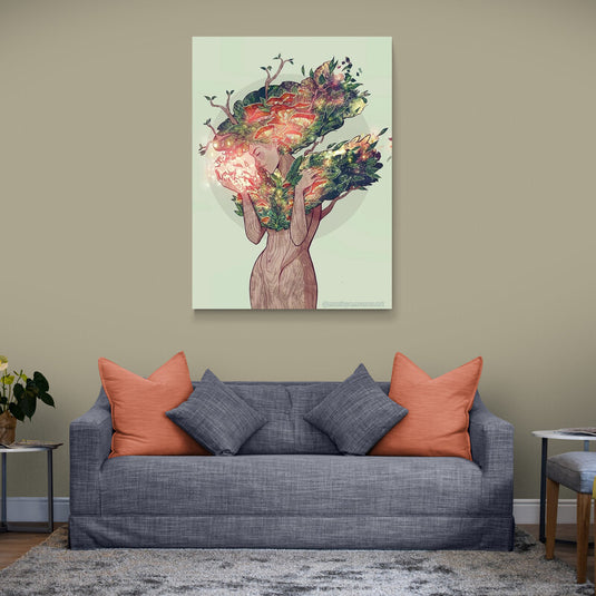 Cuadro Decorativo: Silueta de Mujer con Manos en Alto y Cabello Transformado en Vegetación en Fondo Crema