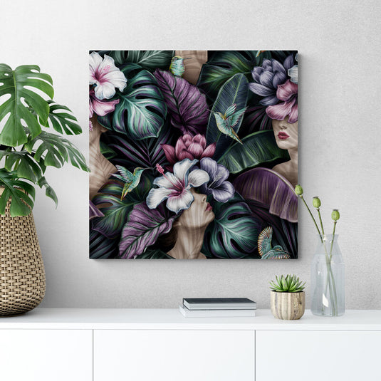 Mujeres y colibríes entre hojas tropicales y flores exóticas