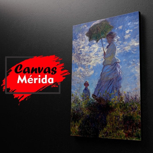 Cuadro decorativo Mujer con sombrilla de Claude Monet – arte impresionista con tonos azules y luz natural ideal para decoración elegante