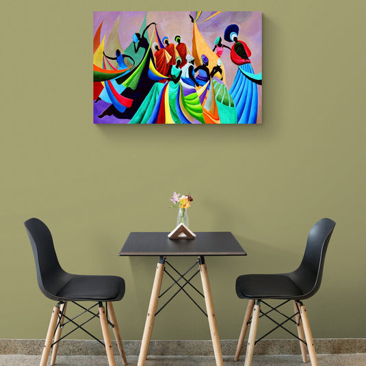 Pintura de figuras danzantes envueltas en vestidos coloridos y turbantes vibrantes.