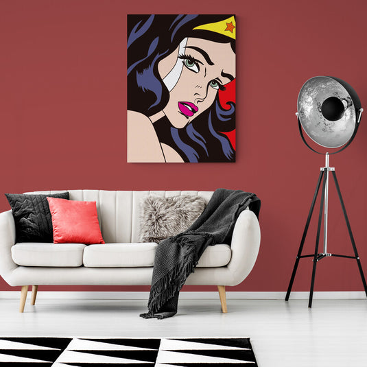 Cuadro pop art de Wonder Woman llorando – arte retro colorido estilo cómic.