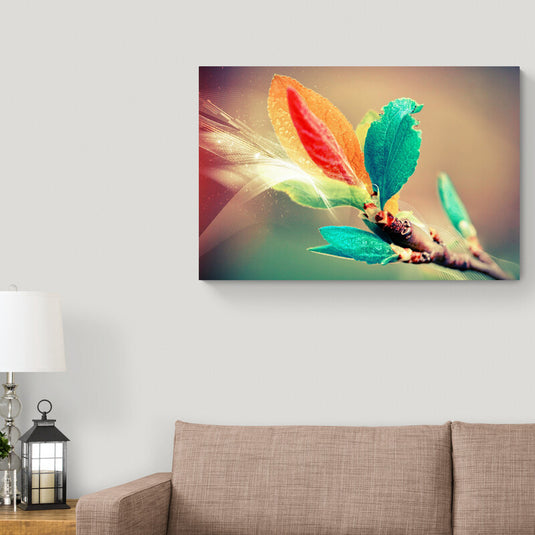 Primer plano de brotes coloridos con efectos de luz en un fondo cálido desenfocado.