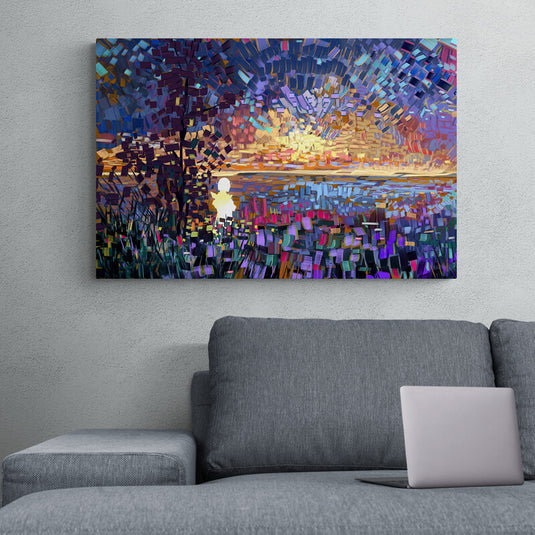 Pintura abstracta de paisaje al atardecer con fragmentos de color.