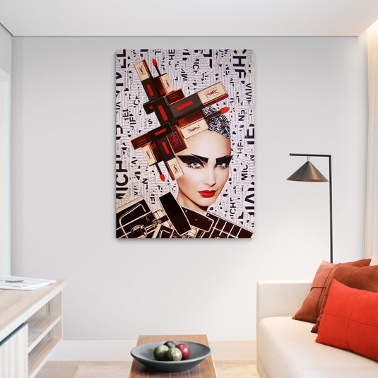 Cuadro decorativo moderno de mujer con estilo fashion y labiales YSL – arte contemporáneo inspirado en el maquillaje y la moda de lujo