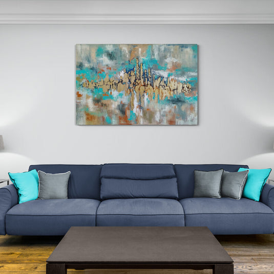 Cuadro abstracto moderno de paisaje urbano con colores vibrantes