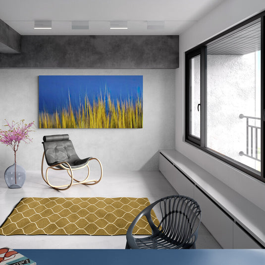 Cuadro abstracto de pradera en tonos amarillos y azul