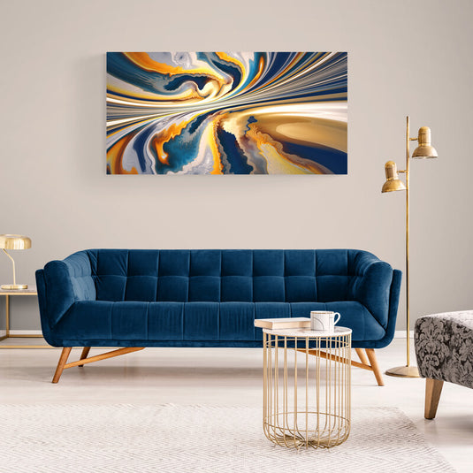 Cuadro abstracto de tonos azul, dorado y blanco en estilo fluido y dinámico.