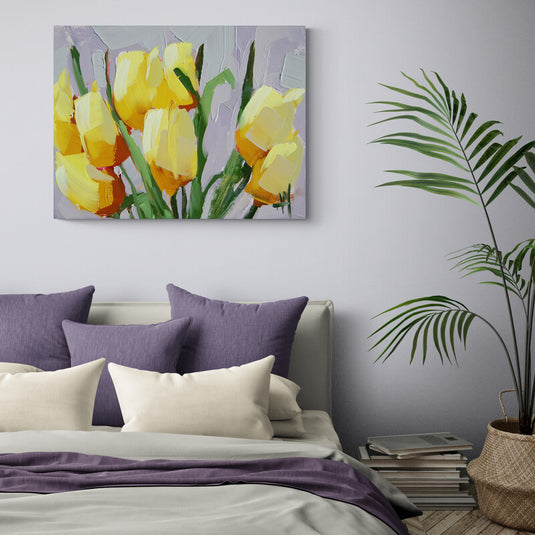 Pintura de tulipanes amarillos con pinceladas expresivas y fondo pastel lila.