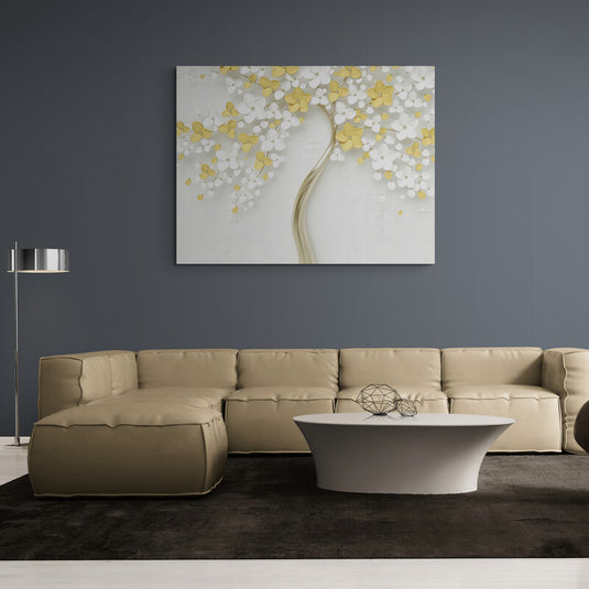 Cuadro_decorativo_fondo_blanco_tronco_amarillo_dorado_hojas_flores_blancas_amarillas