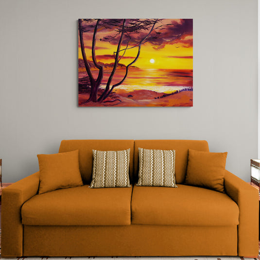 Cuadro moderno con paisaje crepuscular de árboles y mar