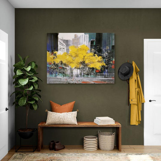 Cuadro decorativo de paisaje urbano con árboles amarillos en primer plano