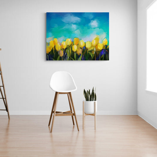 Pintura de tulipanes amarillos sobre un fondo de cielo azul turquesa.