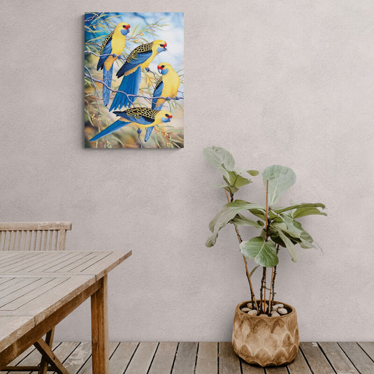 Cuadro Decorativo: Canarios Amarillos y Azules en Ramitas