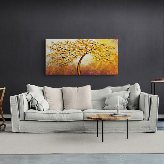 Cuadro_Decorativo_Arbol_Tronco_Inclinado_Ramas_Delgadas_Hojas_Flores_Amarillas_Fondo_Amarillo_Naranja