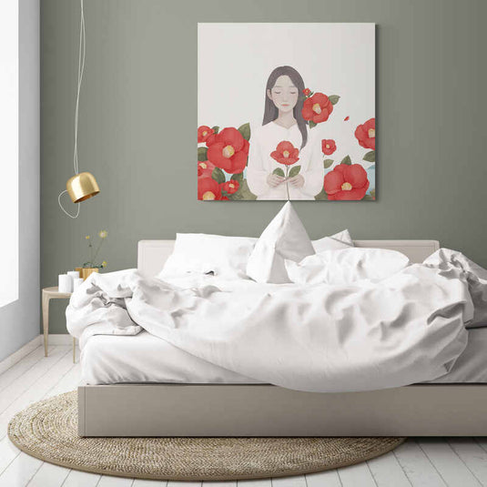 Pintura minimalista de mujer con vestido blanco rodeada de flores rojas.