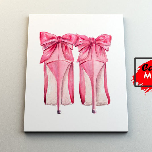 Cuadro decorativo de tacones rosas con lazos – arte femenino en acuarela, ideal para tocador o dormitorio elegante
