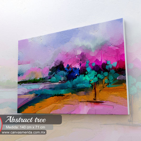 Cuadro_Abstracto_Vibrante_Con_Combinación_de_Colores_Fucsia_Rosa_Mostaza_Azul_Turquesa_Negro_y_Árbol_Pequeño_con_Hojas_Verde_Turquesa