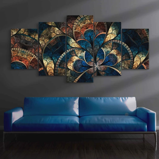 Cuadro abstracto moderno en políptico de 5 piezas con diseño fractal en tonos azules, dorados y ocres para decoración elegante