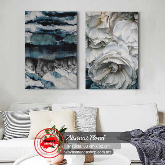 Díptico abstracto azul peonías blancas flores