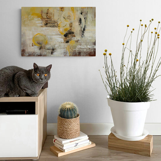 Pintura abstracta en tonos amarillo y beige con círculos