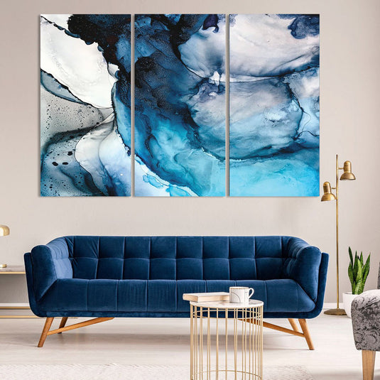 Tríptico abstracto azul blanco negro fluido