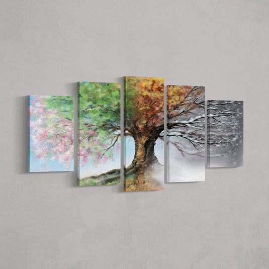 Árbol_Majestuoso_En_Cuatro_Estaciones_Distribuido_En_Cinco_Cuadros_Tamaños_Variados