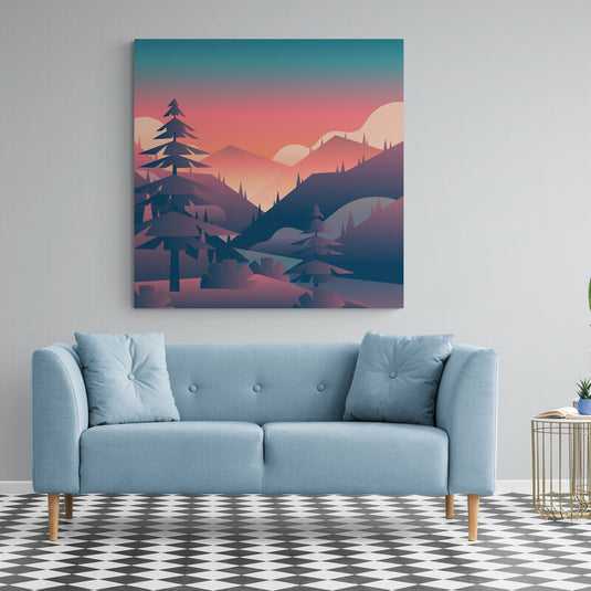 Cuadro paisaje montañas con pinos en tonos fríos: turquesa, café, con destellos pálidos de rojo y naranja