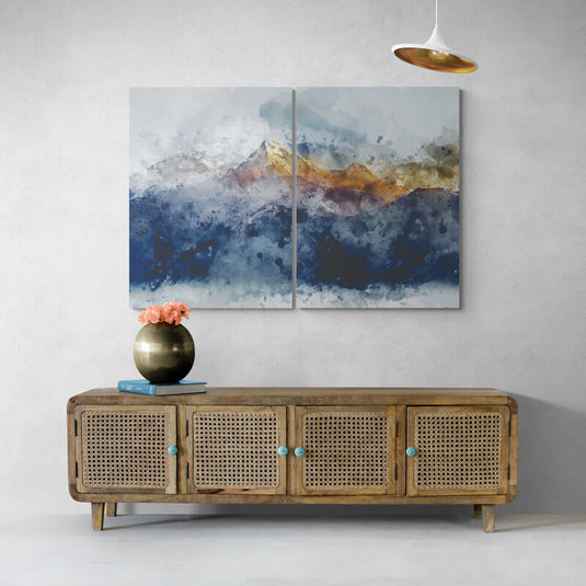 Díptico abstracto de montañas en tonos azul y dorado