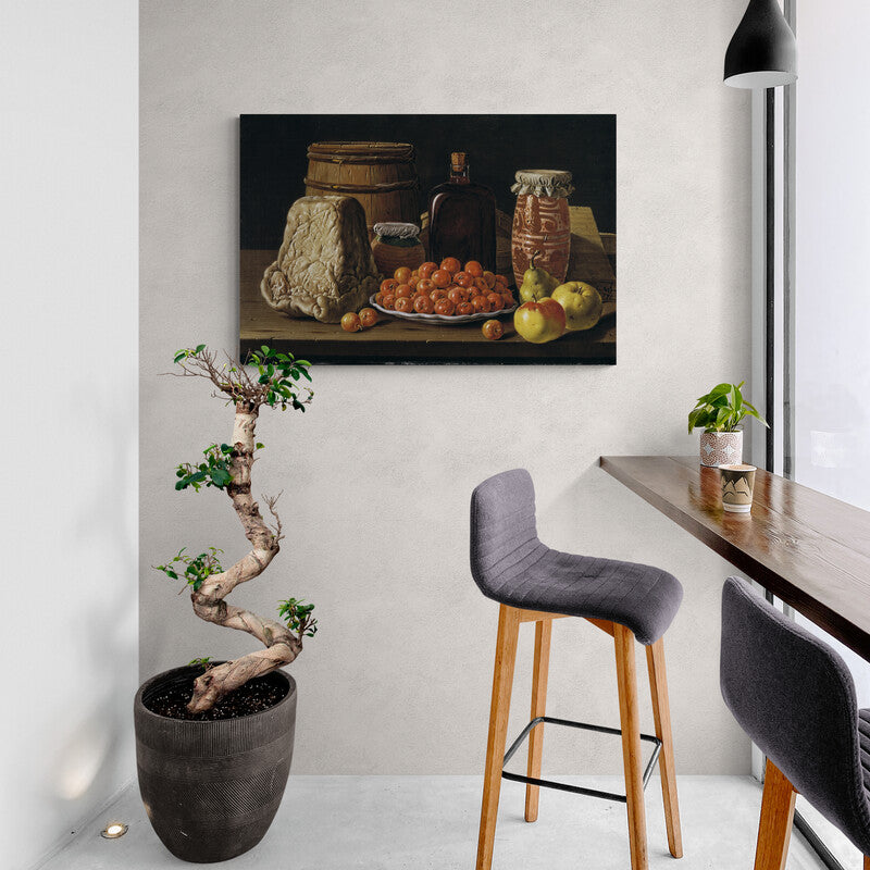 Pintura de bodegón clásico con pan, frutas y recipientes