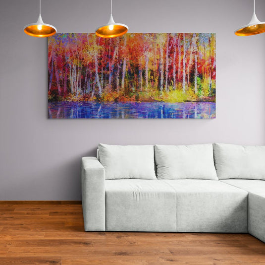 Cuadro decorativo bosque colorido estilo impresionista con reflejo en lago