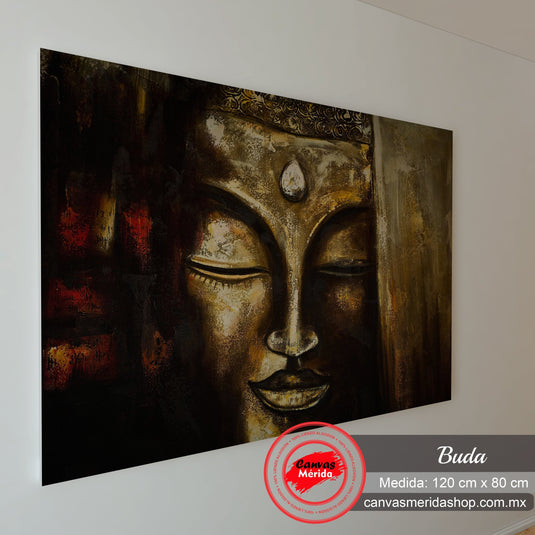 Rostro de Buda en tonos dorados y marrones con fondo texturizado y contrastes cálidos.