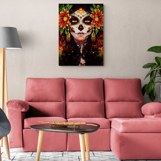 Catrina con maquillaje tradicional, flores naranjas y detalles vibrantes.