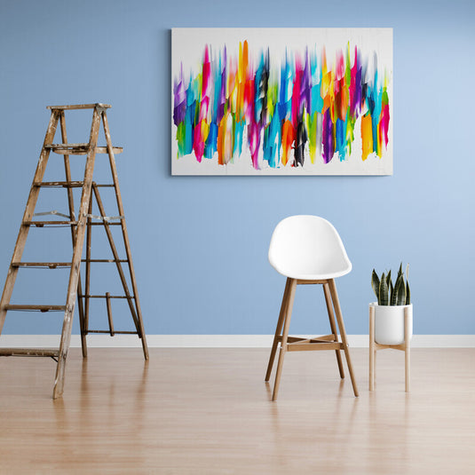 Pintura abstracta colorida sobre fondo blanco.