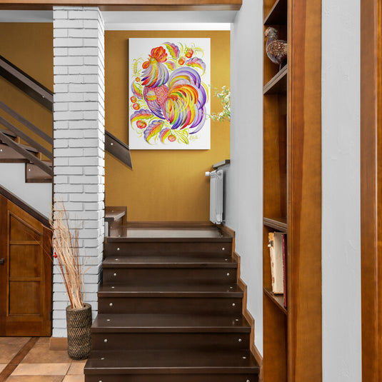 Arte colorido de gallo vibrante con detalles florales.