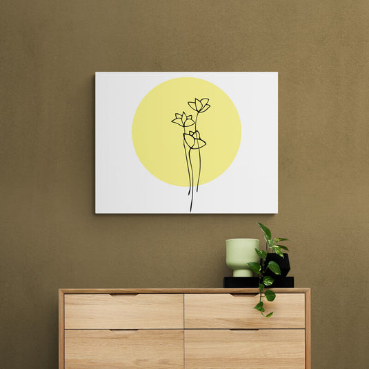 Flores minimalistas de líneas negras sobre fondo circular amarillo