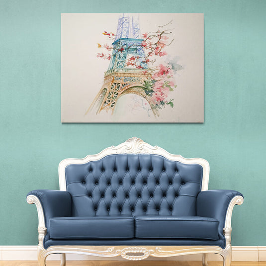 Acuarela de la Torre Eiffel con flores de cerezo en tonos pastel