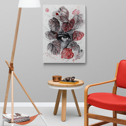 Ilustración artística de un ojo entre hojas con toques de rojo y negro