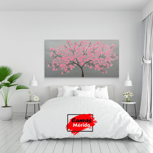 Cuadro decorativo con fondo gris y delicadas flores rosas en primer plano