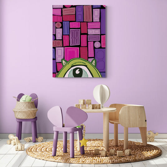 Cuadro decorativo infantil de personaje verde con fondo de puertas coloridas estilo caricatura – arte divertido y moderno para habitación de niños