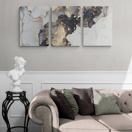 Técnica de marmoleado en tonos dorados, negros y blancos para cuadro decorativo abstracto