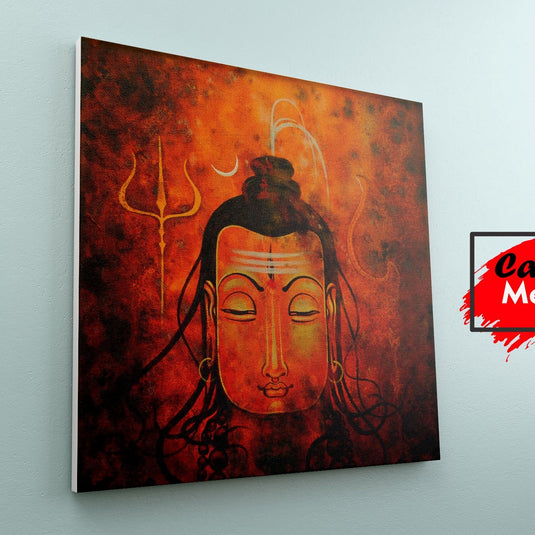 Arte espiritual de Shiva en tonos cálidos con un tridente en el fondo.