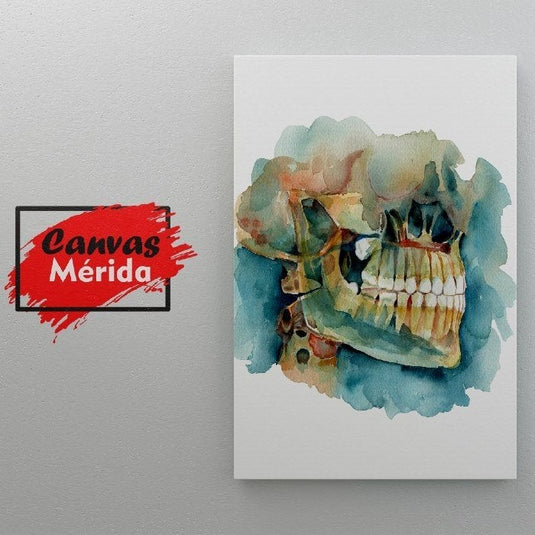 Cuadro decorativo de calavera en acuarela con tonos azul turquesa y tierra – Arte contemporáneo para decoración moderna