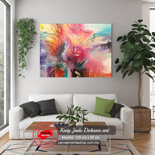 Pintura abstracta con explosión de colores vibrantes y formas fluidas