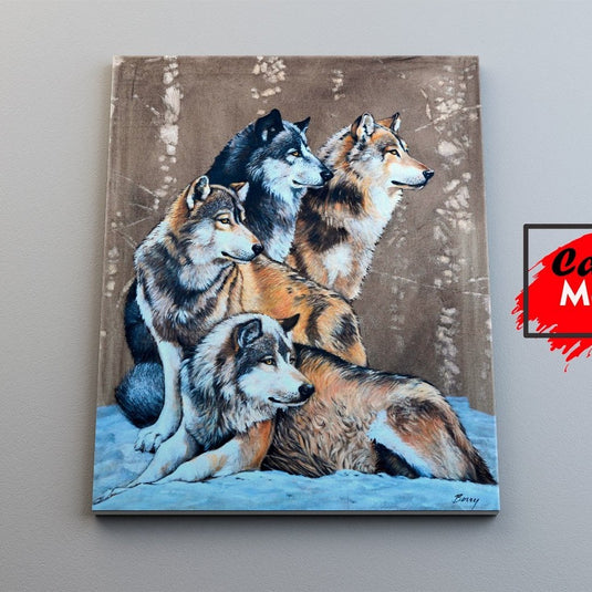 Retrato de manada de lobos en paisaje invernal