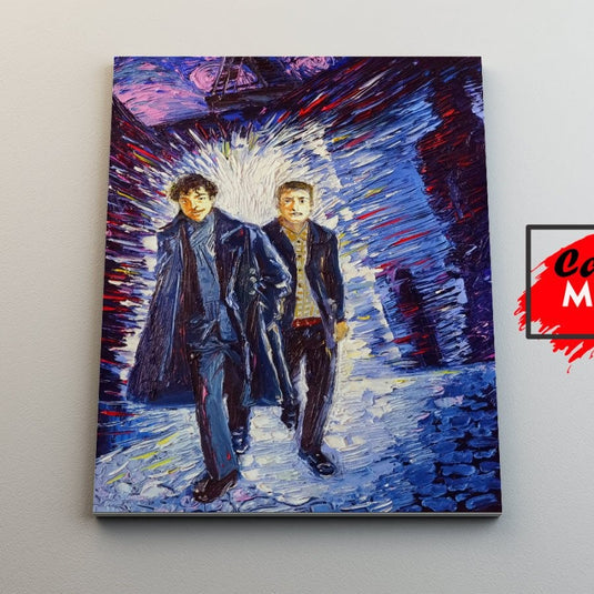 Cuadro decorativo estilo Van Gogh de dos hombres caminando en fondo azul púrpura - Arte moderno para pared