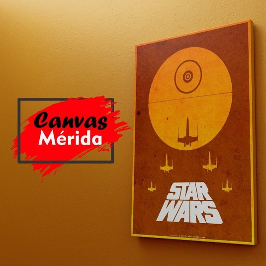 Cuadro decorativo minimalista Star Wars con Estrella de la Muerte y naves en estilo retro